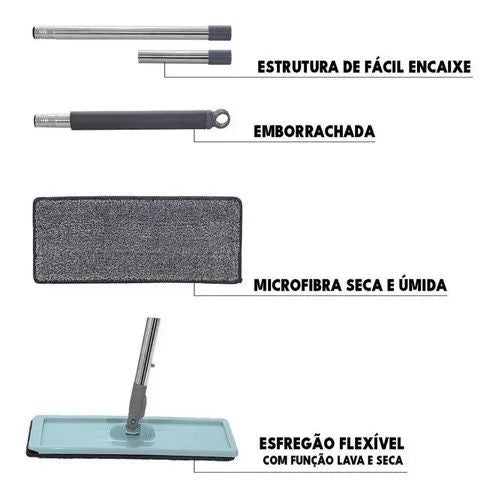 Rodo Mop Flat E Balde Para Limpeza De Piso